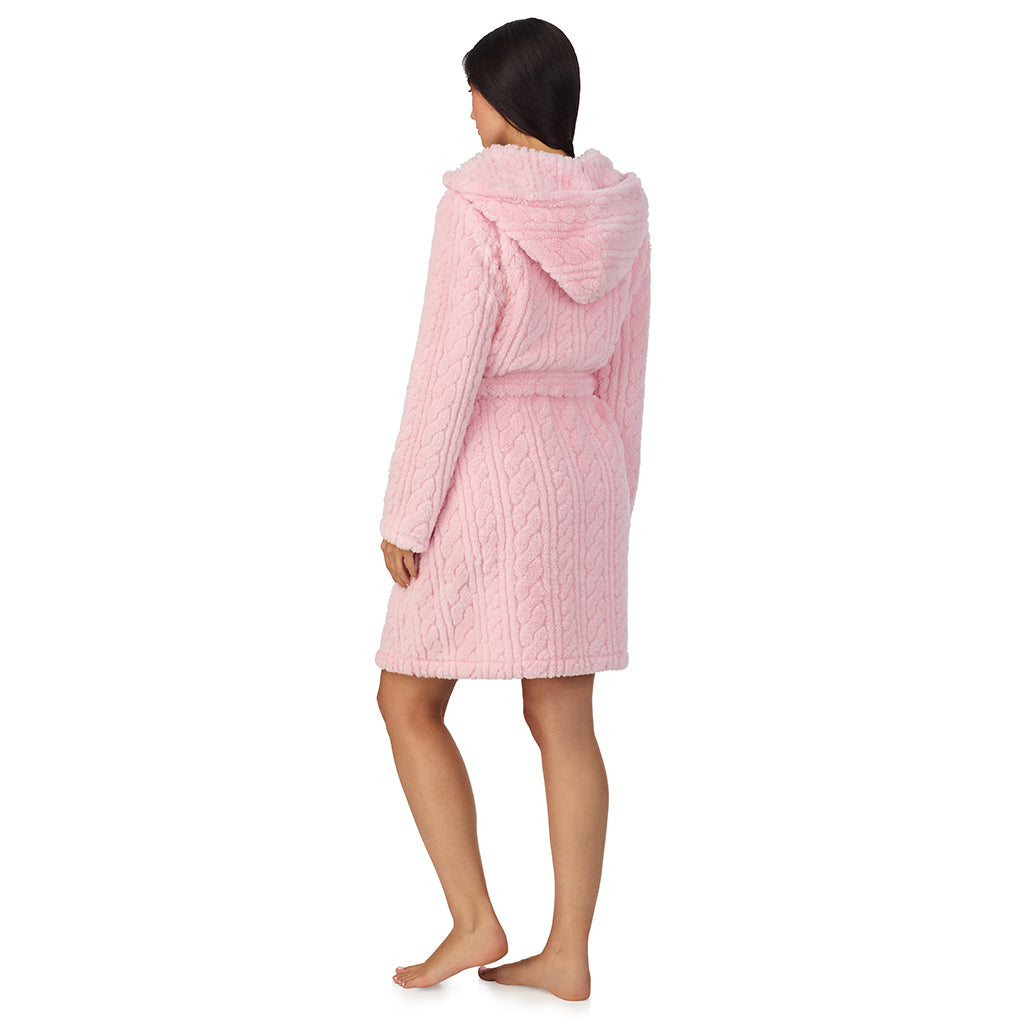 Powder Pink;Model is wearing size S. She is 5'8.5", Bust 32", Waist 25", Hips 36".@A lady wearing Cable Jacquard Sherpa Wrap Robe with Hood