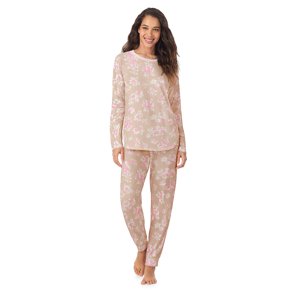 Tan Floral; Model is wearing size S. She is 5’9”, Bust 34”, Waist 23”, Hips 35”.@A lady wearing Tan Floral Brushed Sweater Knit Long Sleeve Pajama Set
