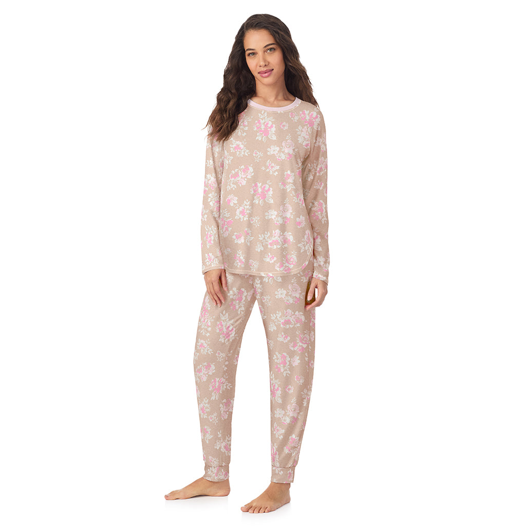 Tan Floral; Model is wearing size S. She is 5’9”, Bust 34”, Waist 23”, Hips 35”.@A lady wearing Tan Floral Brushed Sweater Knit Long Sleeve Pajama Set