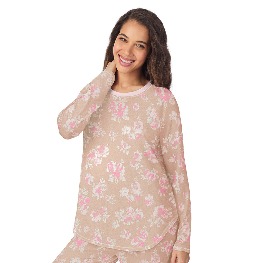 Tan Floral; Model is wearing size S. She is 5’9”, Bust 34”, Waist 23”, Hips 35”.@A lady wearing Tan Floral Brushed Sweater Knit Long Sleeve Pajama Set