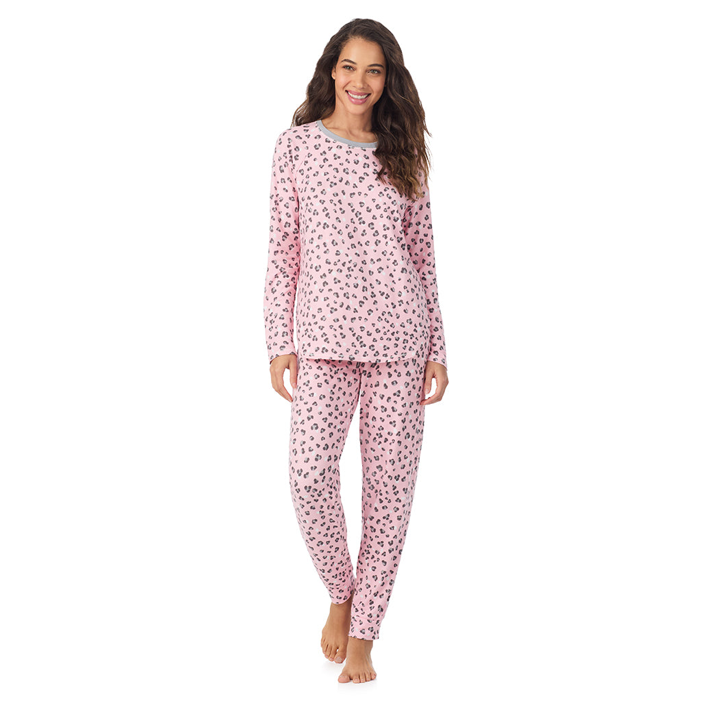 Pink Animal; Model is wearing size S. She is 5’9”, Bust 34”, Waist 23”, Hips 35”.@A lady wearing Pink Animal Brushed Sweater Knit Long Sleeve Pajama Set