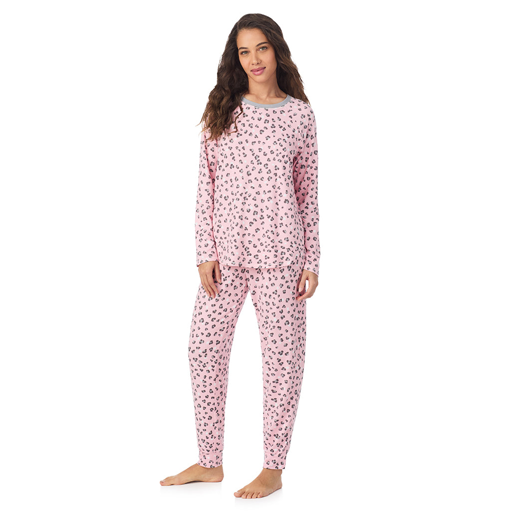 Pink Animal; Model is wearing size S. She is 5’9”, Bust 34”, Waist 23”, Hips 35”.@A lady wearing Pink Animal Brushed Sweater Knit Long Sleeve Pajama Set
