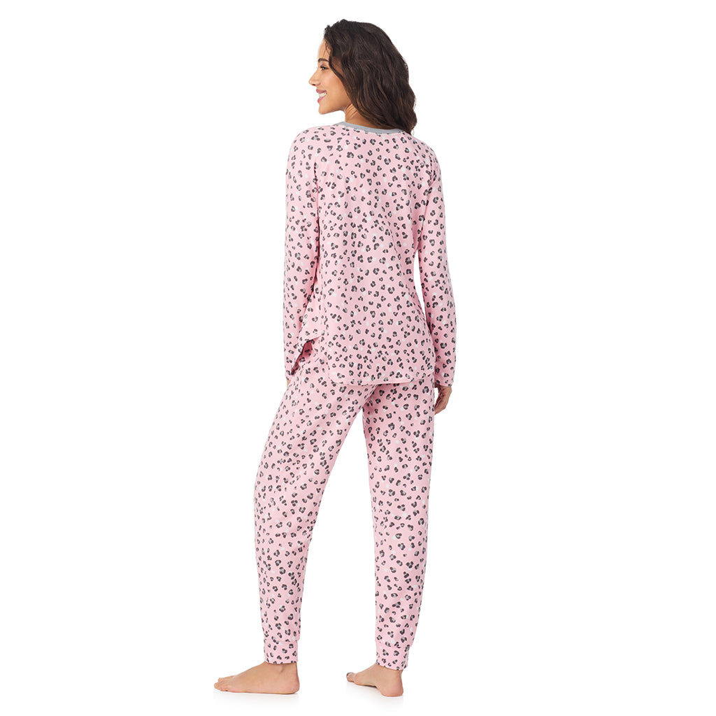 Pink Animal; Model is wearing size S. She is 5’9”, Bust 34”, Waist 23”, Hips 35”.@A lady wearing Pink Animal Brushed Sweater Knit Long Sleeve Pajama Set