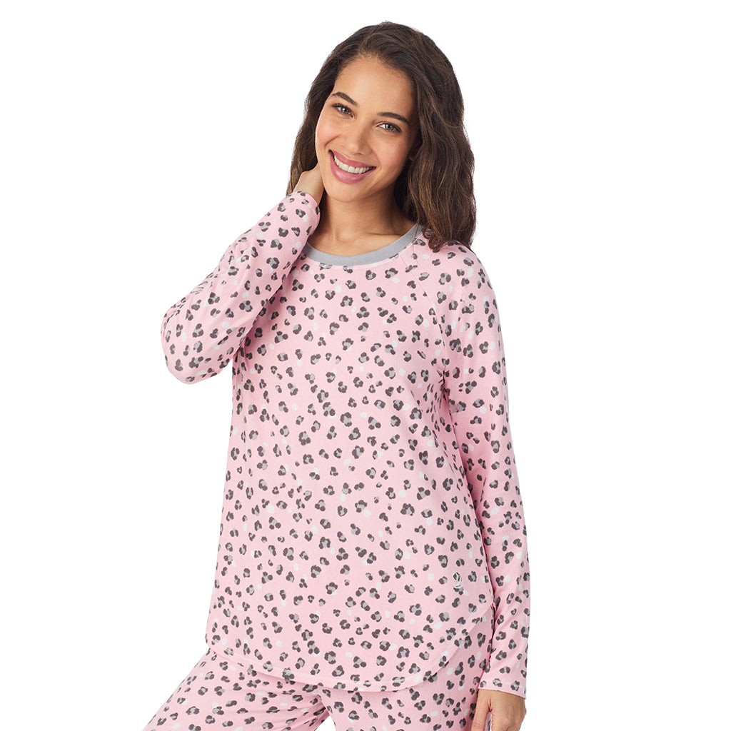 Pink Animal; Model is wearing size S. She is 5’9”, Bust 34”, Waist 23”, Hips 35”.@A lady wearing Pink Animal Brushed Sweater Knit Long Sleeve Pajama Set