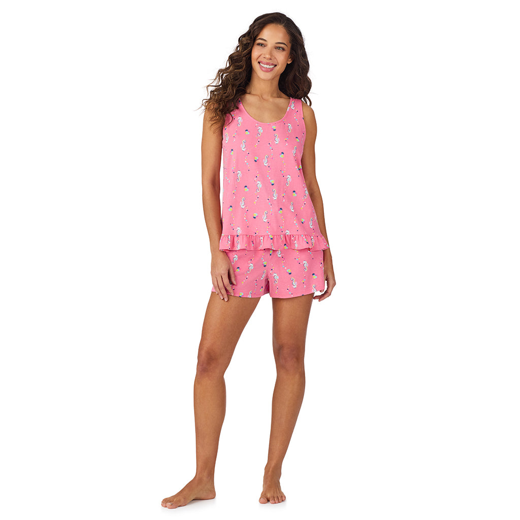 Pink Seahorse;Model is wearing size S. She is 5’9”, Bust 34”, Waist 23”, Hips 35”.@A lady wearing Cotton-Blend Tank with Short 2-Pc Pajama Set