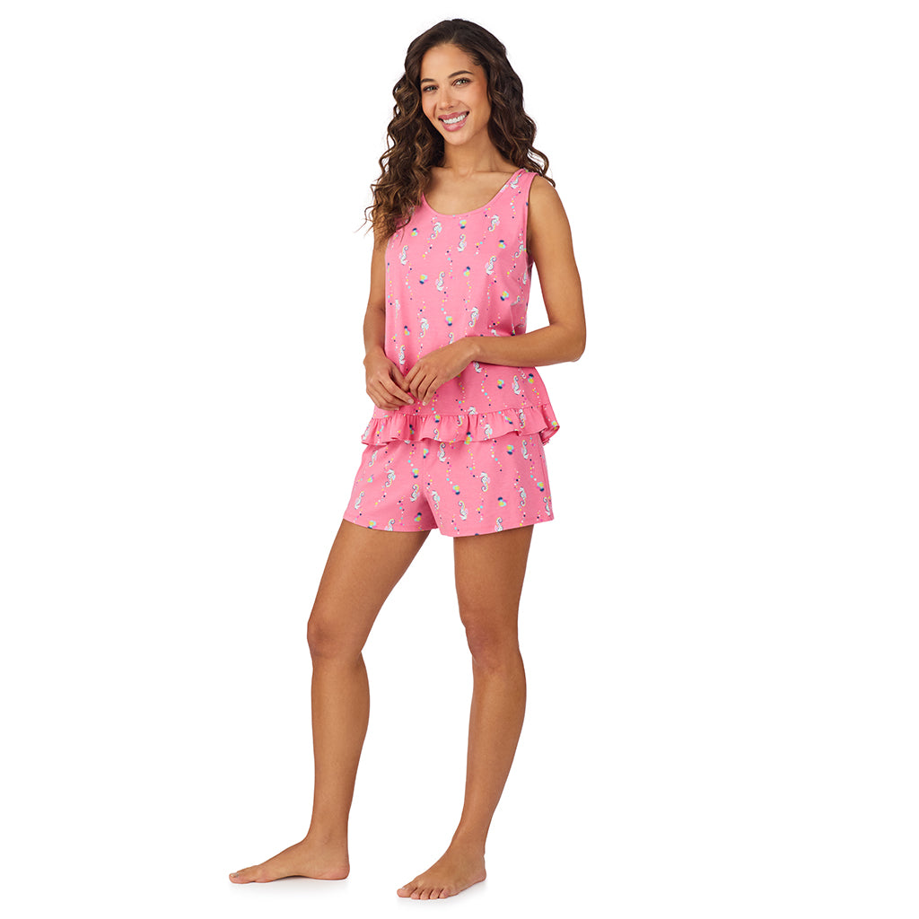 Pink Seahorse;Model is wearing size S. She is 5’9”, Bust 34”, Waist 23”, Hips 35”.@A lady wearing Cotton-Blend Tank with Short 2-Pc Pajama Set