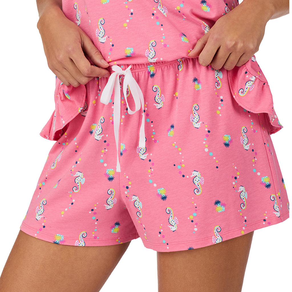 Pink Seahorse;Model is wearing size S. She is 5’9”, Bust 34”, Waist 23”, Hips 35”.@A lady wearing Cotton-Blend Tank with Short 2-Pc Pajama Set