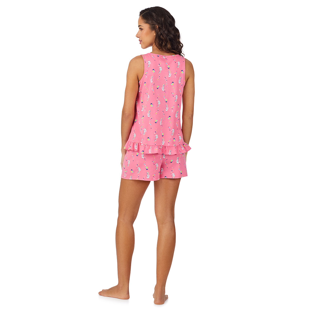 Pink Seahorse;Model is wearing size S. She is 5’9”, Bust 34”, Waist 23”, Hips 35”.@A lady wearing Cotton-Blend Tank with Short 2-Pc Pajama Set