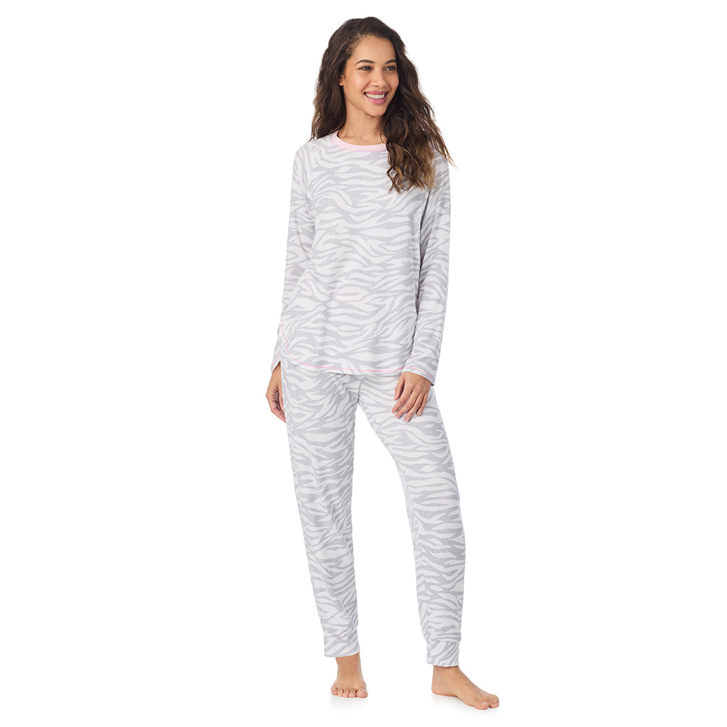 Zebra; Model is wearing size S. She is 5’9”, Bust 34”, Waist 23”, Hips 35”.@A lady wearing Zebra Brushed Sweater Knit Long Sleeve Pajama Set