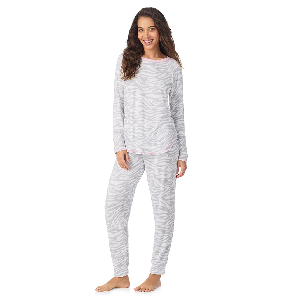 Zebra; Model is wearing size S. She is 5’9”, Bust 34”, Waist 23”, Hips 35”.@A lady wearing Zebra Brushed Sweater Knit Long Sleeve Pajama Set