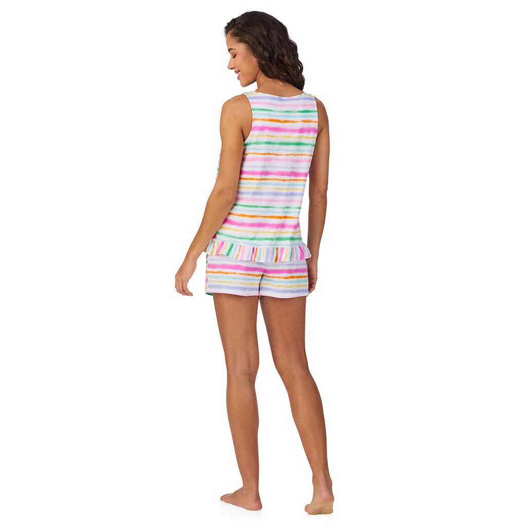 Paint Stripe;Model is wearing size S. She is 5’9”, Bust 34”, Waist 23”, Hips 35”.@A lady wearing Cotton-Blend Tank with Short 2-Pc Pajama Set