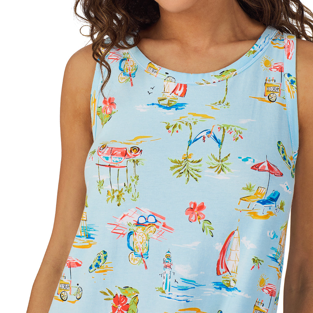 Summer Scene;Model is wearing size S. She is 5’9”, Bust 34”, Waist 23”, Hips 35”.@A lady wearing Cotton-Blend Sleeveless Sleep Chemise