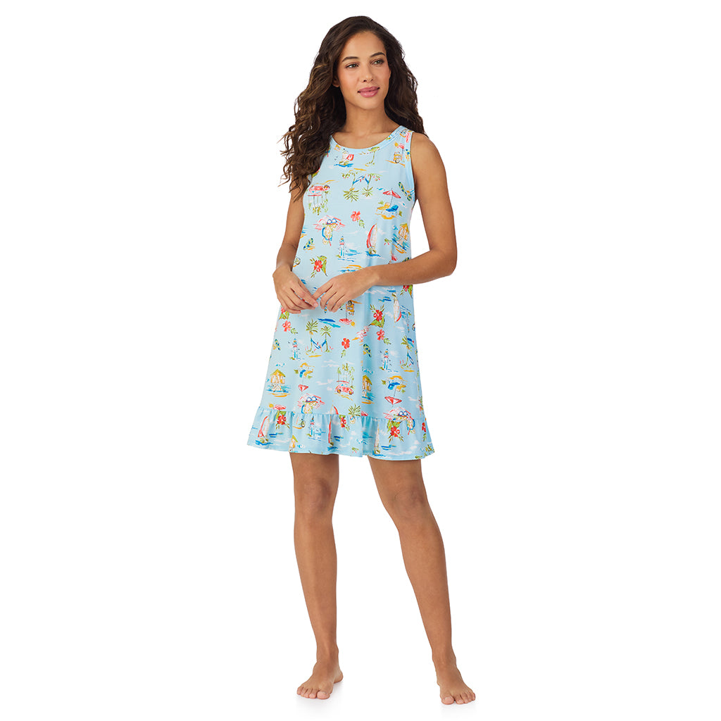 Summer Scene;Model is wearing size S. She is 5’9”, Bust 34”, Waist 23”, Hips 35”.@A lady wearing Cotton-Blend Sleeveless Sleep Chemise