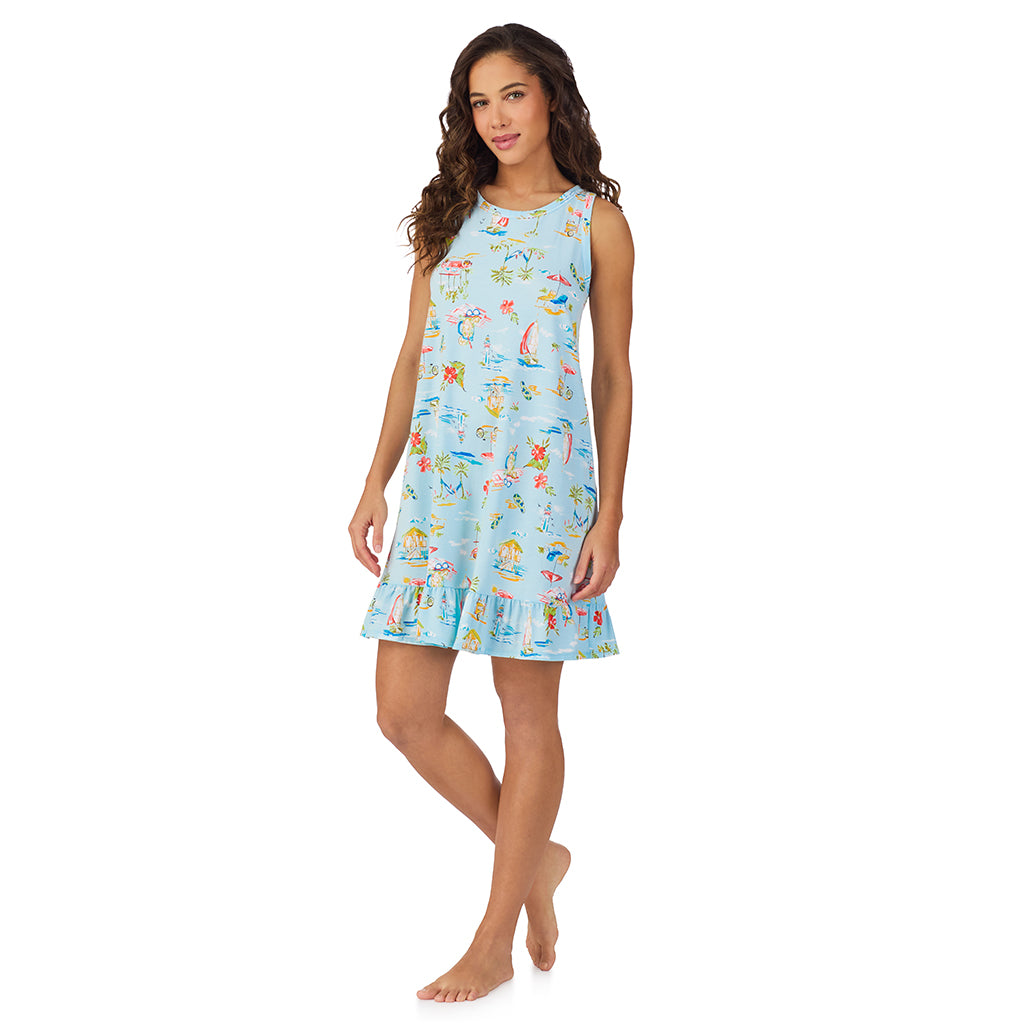 Summer Scene;Model is wearing size S. She is 5’9”, Bust 34”, Waist 23”, Hips 35”.@A lady wearing Cotton-Blend Sleeveless Sleep Chemise