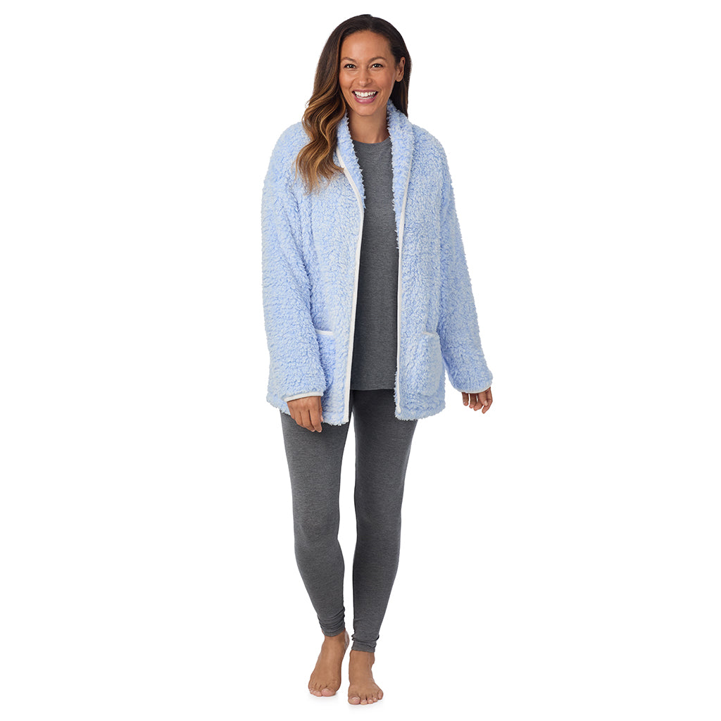 Frosted Blue; Model is wearing size S. She is 5'8", Bust 34", Waist 24.5", Hips 35".@A lady wearing Snuggle Up Sherpa Cardi