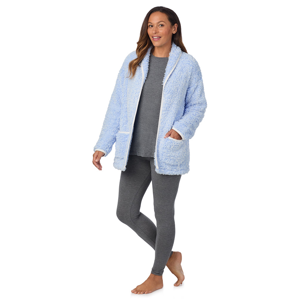 Frosted Blue; Model is wearing size S. She is 5'8", Bust 34", Waist 24.5", Hips 35".@A lady wearing Snuggle Up Sherpa Cardi
