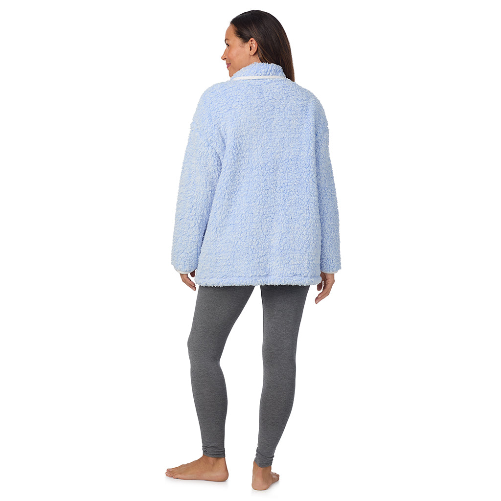 Frosted Blue; Model is wearing size S. She is 5'8", Bust 34", Waist 24.5", Hips 35".@A lady wearing Snuggle Up Sherpa Cardi