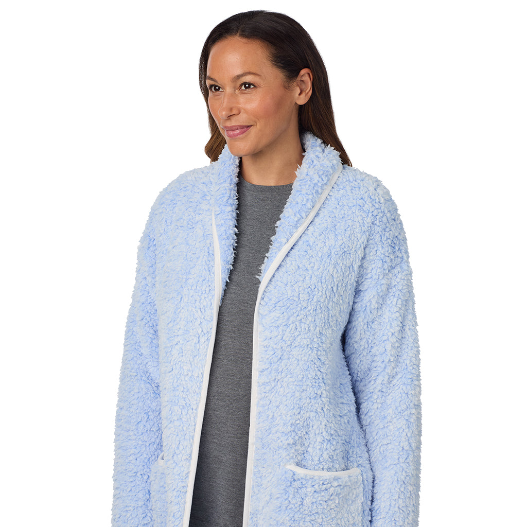 Frosted Blue; Model is wearing size S. She is 5'8", Bust 34", Waist 24.5", Hips 35".@A lady wearing Snuggle Up Sherpa Cardi