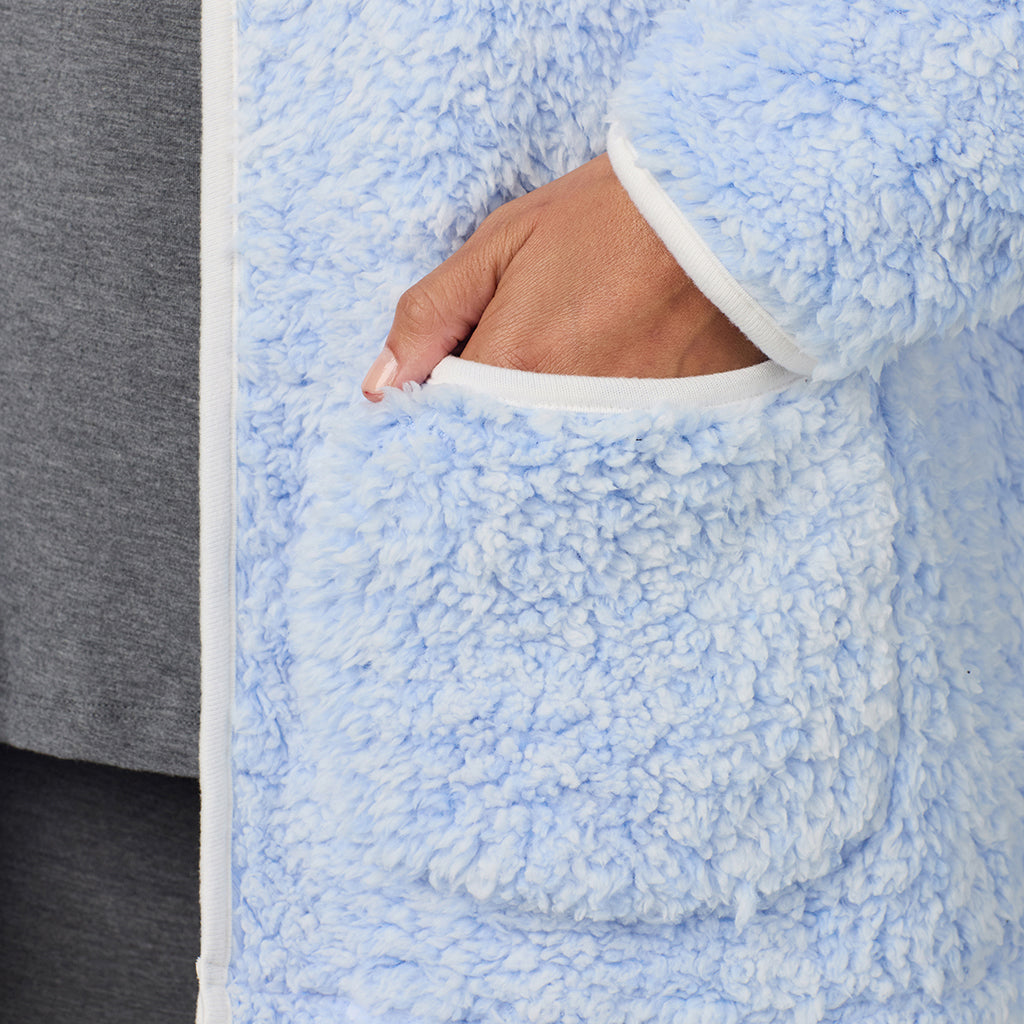 Frosted Blue; Model is wearing size S. She is 5'8", Bust 34", Waist 24.5", Hips 35".@A lady wearing Snuggle Up Sherpa Cardi