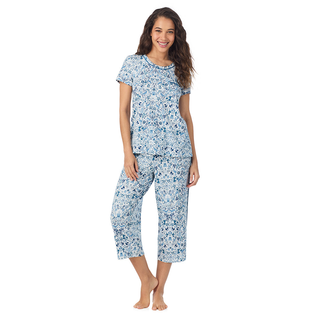 Woodland; Model is wearing size S. She is 5’9”, Bust 34”, Waist 23”, Hips 35”.@A lady wearing a Woodland Cotton Rich Short Sleeve Top with Cropped Pant Pajama Set