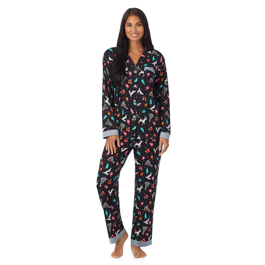 A lady wearing  Woodland Long Sleeve Notch Pajama Set