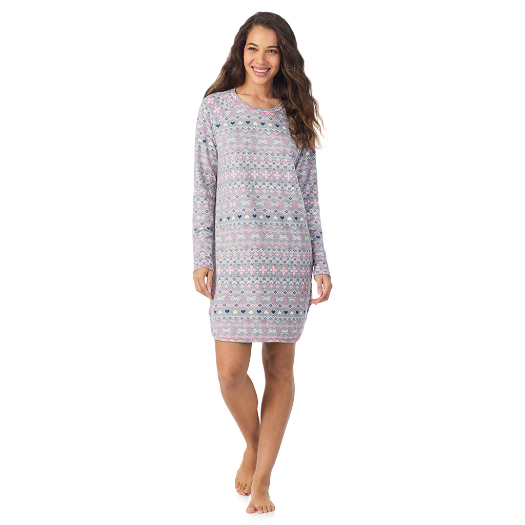 Grey Pink Fairisle;Model is wearing size S. She is 5’9”, Bust 34”, Waist 23”, Hips 35”.@A lady wearing Grey Fair Isle Brushed Sweater Knit Long Sleeve Sleepshirt