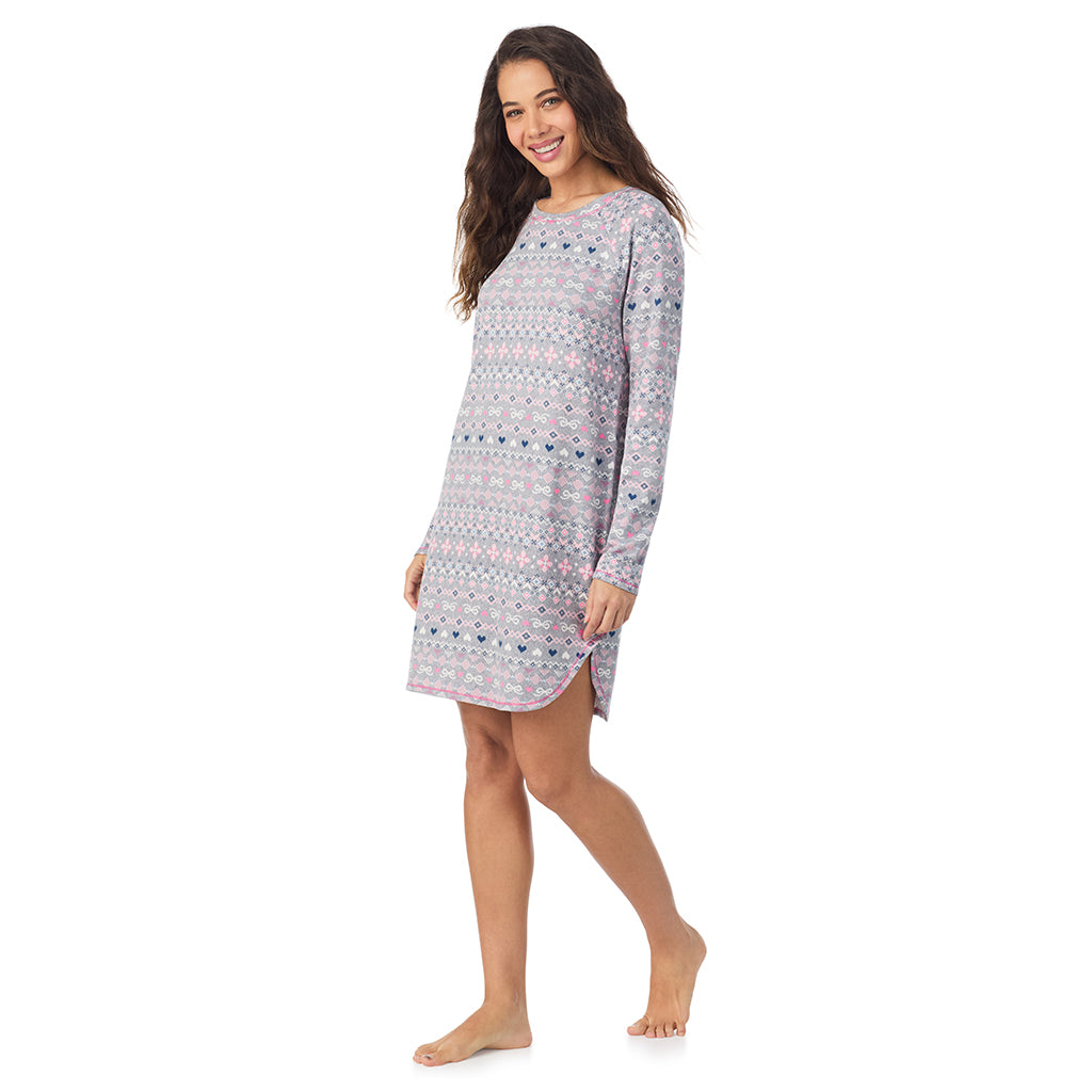 Grey Pink Fairisle;Model is wearing size S. She is 5’9”, Bust 34”, Waist 23”, Hips 35”.@A lady wearing Grey Fair Isle Brushed Sweater Knit Long Sleeve Sleepshirt