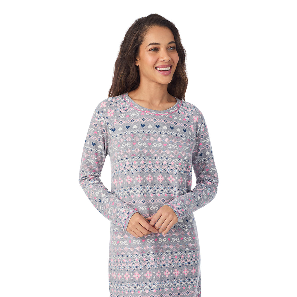 Grey Pink Fairisle;Model is wearing size S. She is 5’9”, Bust 34”, Waist 23”, Hips 35”.@A lady wearing Grey Fair Isle Brushed Sweater Knit Long Sleeve Sleepshirt