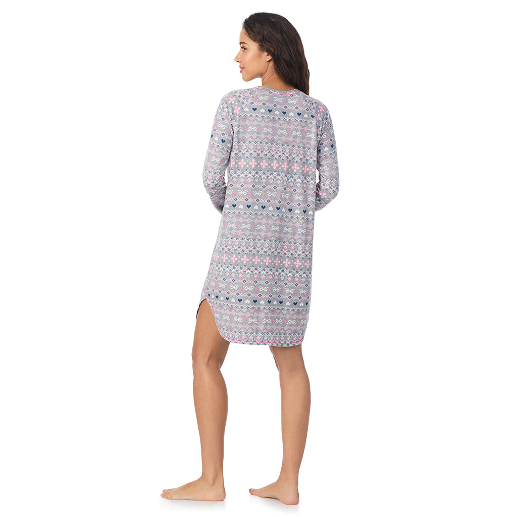 Grey Pink Fairisle;Model is wearing size S. She is 5’9”, Bust 34”, Waist 23”, Hips 35”.@A lady wearing Grey Fair Isle Brushed Sweater Knit Long Sleeve Sleepshirt