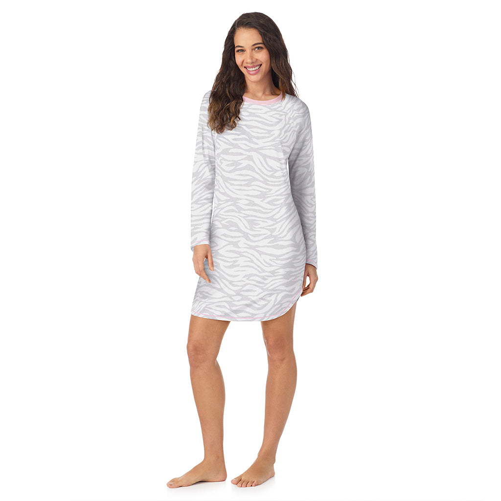 Zebra;Model is wearing size S. She is 5’9”, Bust 34”, Waist 23”, Hips 35”.@A lady wearing Zebra Brushed Sweater Knit Long Sleeve Sleepshirt