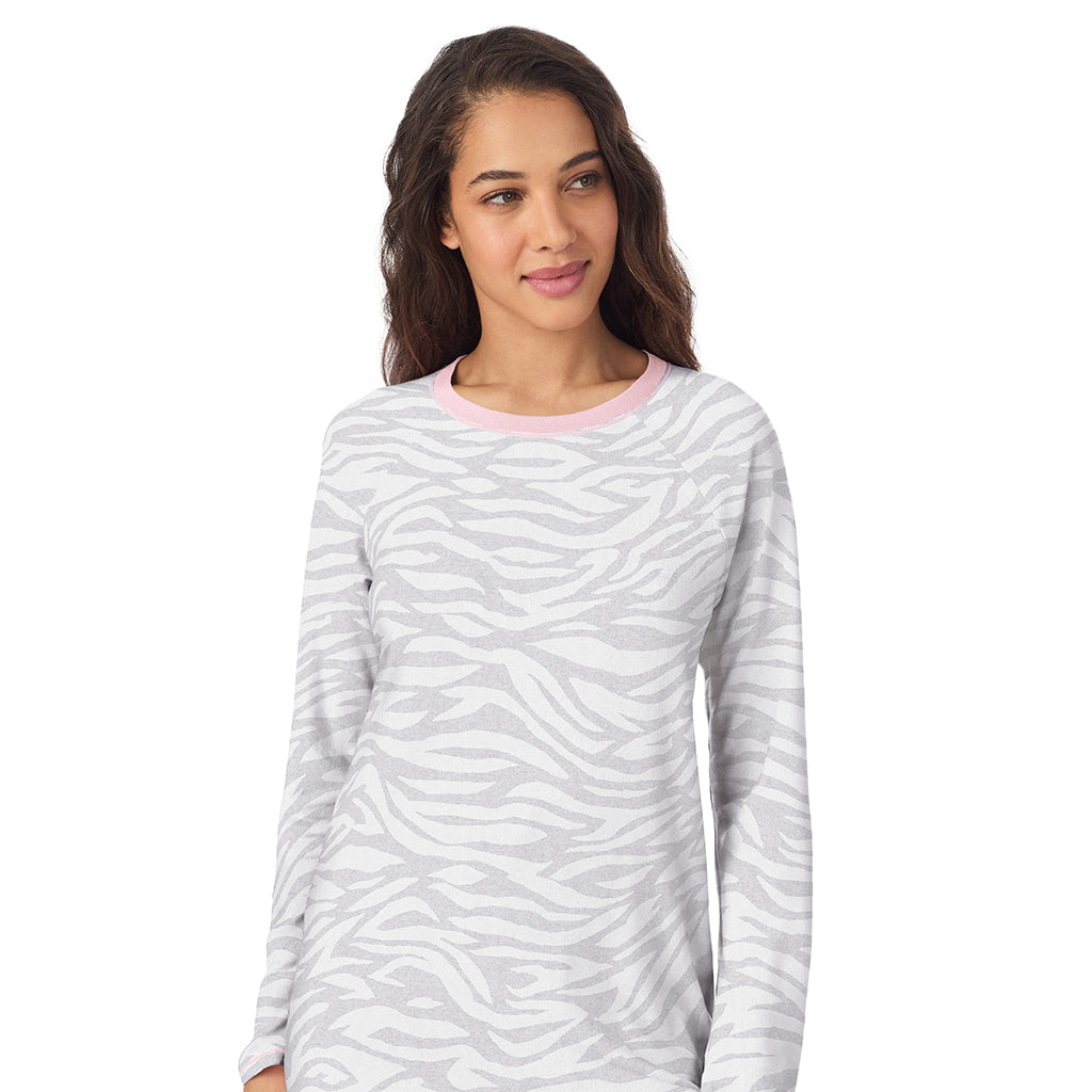 Zebra;Model is wearing size S. She is 5’9”, Bust 34”, Waist 23”, Hips 35”.@A lady wearing Zebra Brushed Sweater Knit Long Sleeve Sleepshirt