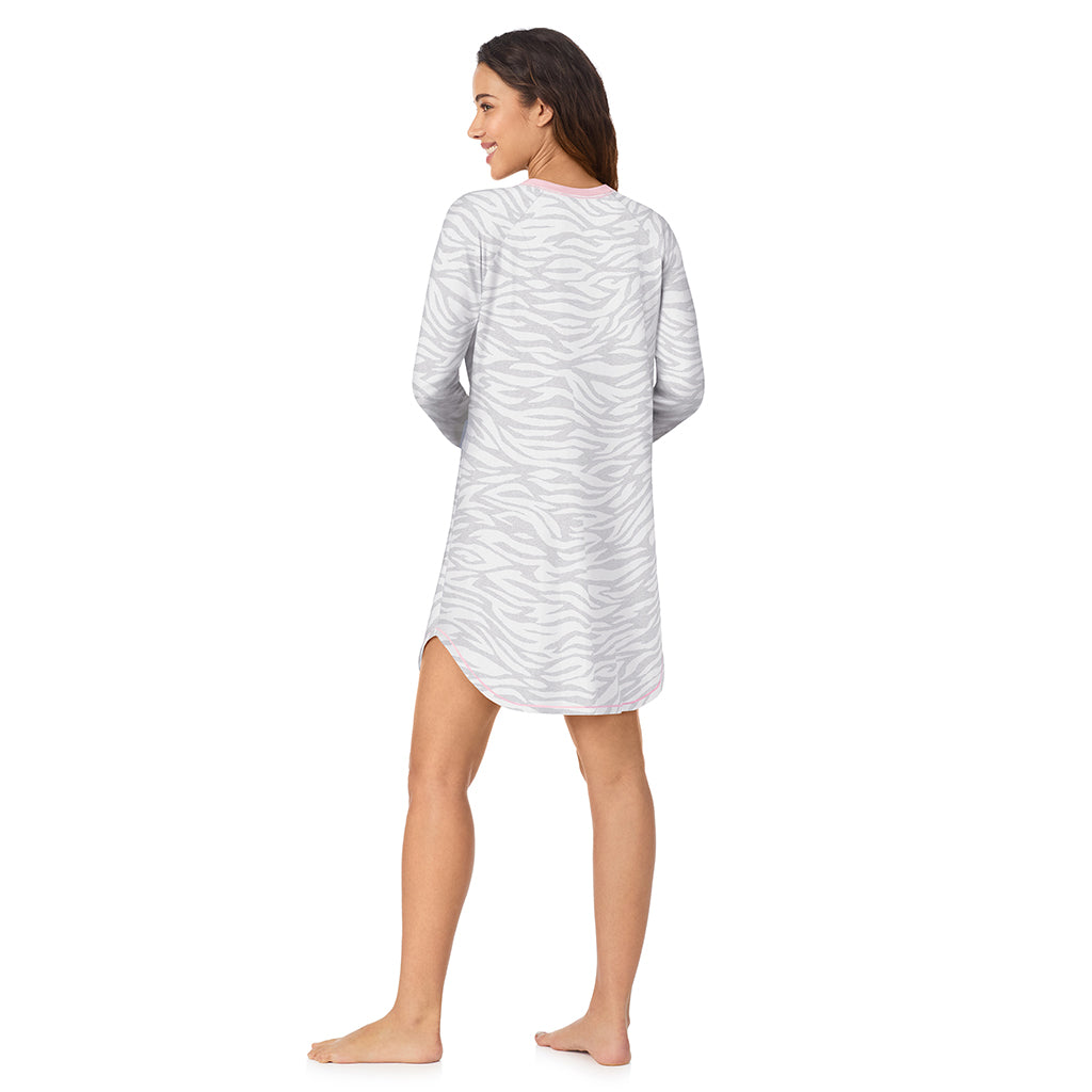 Zebra;Model is wearing size S. She is 5’9”, Bust 34”, Waist 23”, Hips 35”.@A lady wearing Zebra Brushed Sweater Knit Long Sleeve Sleepshirt