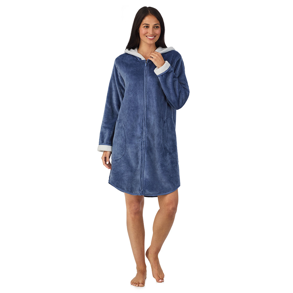 Slate Blue;Model is wearing size S. She is 5'8.5", Bust 32", Waist 25", Hips 36".@A lady wearing Chenille Zip Robe with Hood