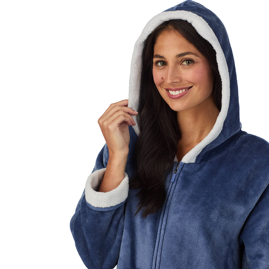 Slate Blue;Model is wearing size S. She is 5'8.5", Bust 32", Waist 25", Hips 36".@A lady wearing Chenille Zip Robe with Hood