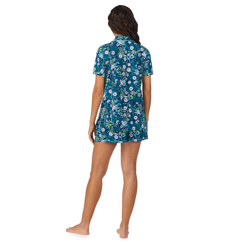 Mermaid Floral;Model is wearing size S. She is 5’9”, Bust 34”, Waist 23”, Hips 35”.@ A lady wearing Cotton-Blend Short Sleeve Notch Collar with Short 2-Pc Pajama Set