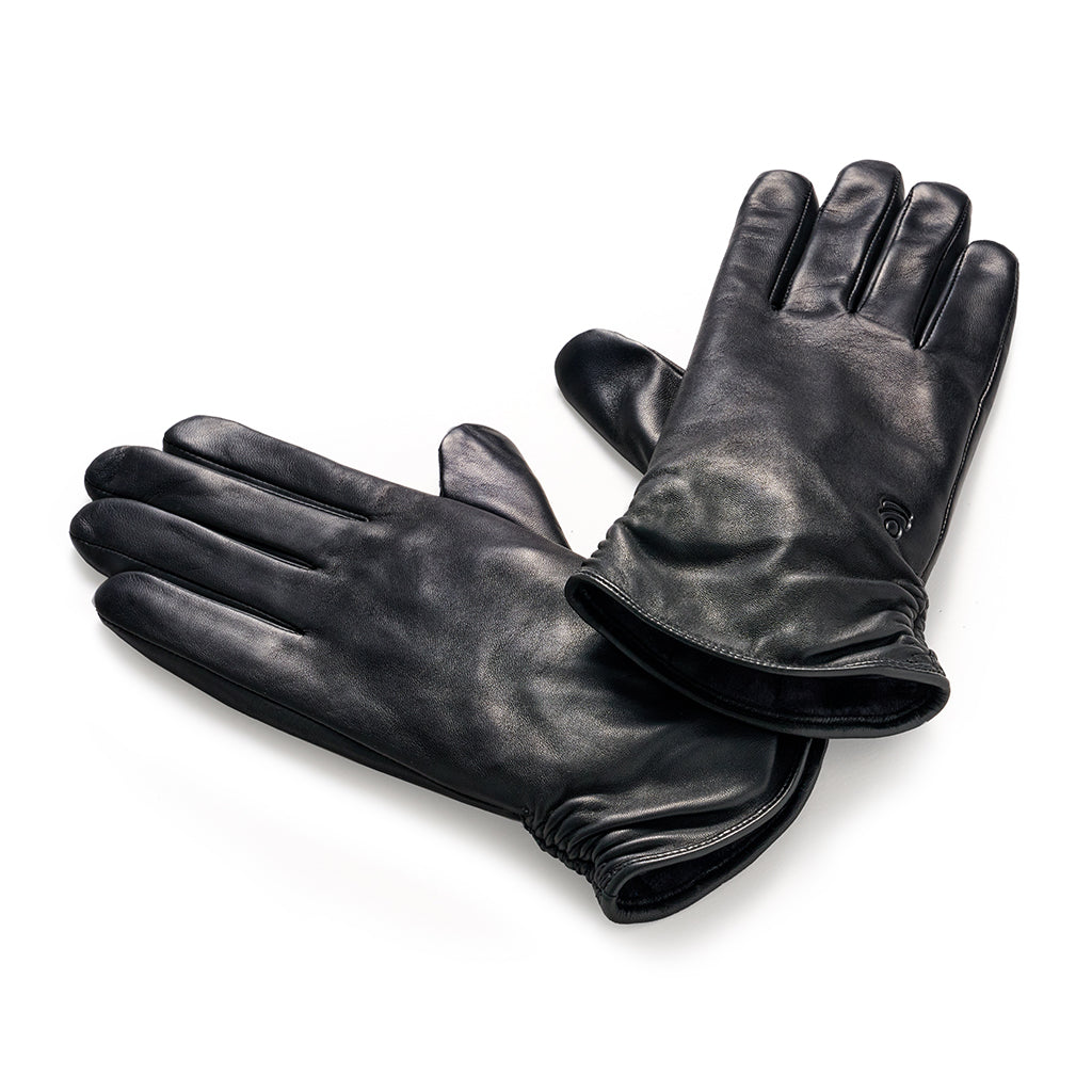 Black;@Ruched Leather Touchscreen Gloves