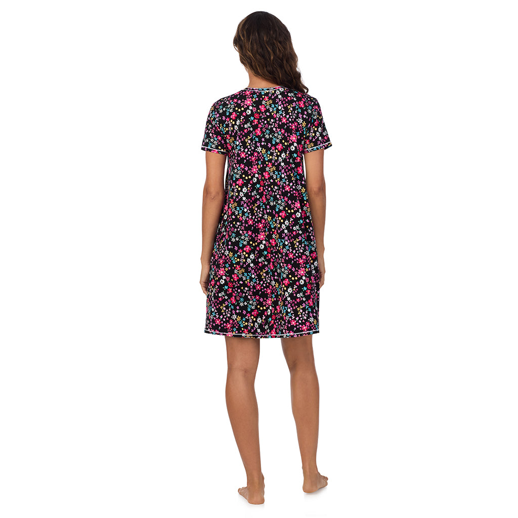 Black Ditsy; Model is wearing size S. She is 5’9”, Bust 34”, Waist 23”, Hips 35”. @A lady wearing Cotton-Blend Short Sleeve V-Neck Sleep Shirt