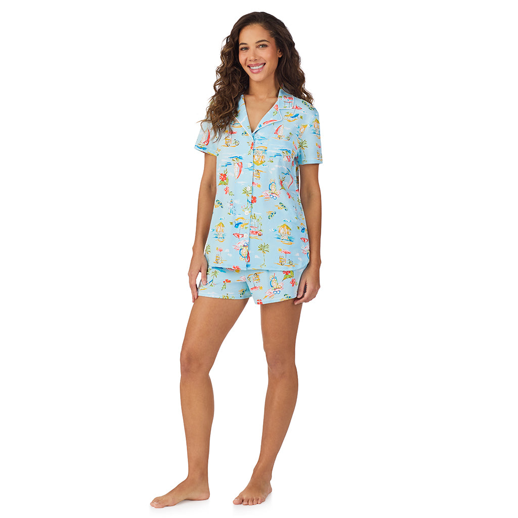 Summer Scene;Model is wearing size S. She is 5’9”, Bust 34”, Waist 23”, Hips 35”.@ A lady wearing Cotton-Blend Short Sleeve Notch Collar with Short 2-Pc Pajama Set