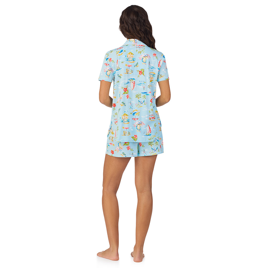 Summer Scene;Model is wearing size S. She is 5’9”, Bust 34”, Waist 23”, Hips 35”.@ A lady wearing Cotton-Blend Short Sleeve Notch Collar with Short 2-Pc Pajama Set