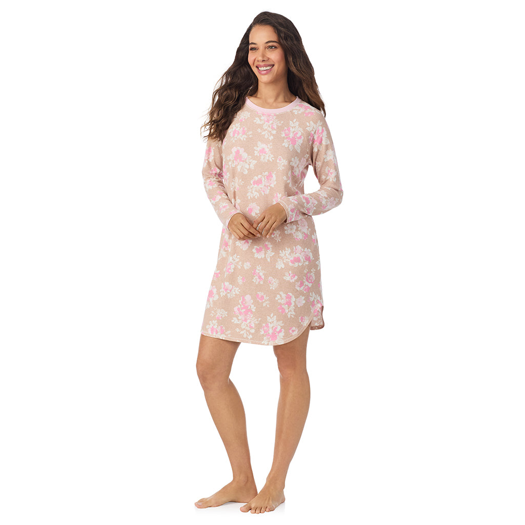 Tan Floral;Model is wearing size S. She is 5’9”, Bust 34”, Waist 23”, Hips 35”.@A lady wearing Tan Floral
Brushed Sweater Knit Long Sleeve Sleepshirt