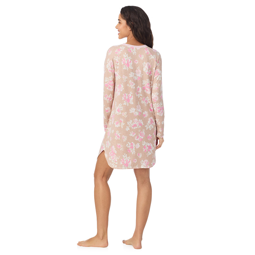 Tan Floral;Model is wearing size S. She is 5’9”, Bust 34”, Waist 23”, Hips 35”.@A lady wearing Tan Floral
Brushed Sweater Knit Long Sleeve Sleepshirt