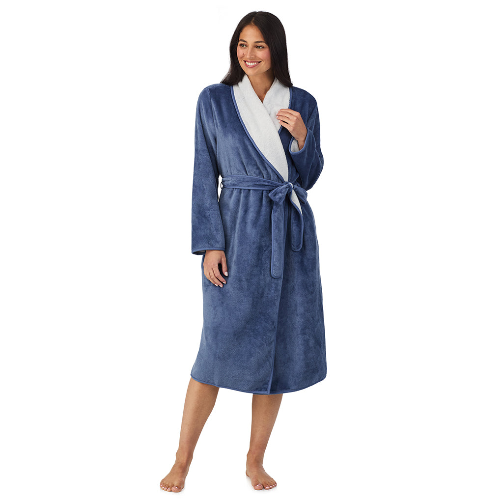 Slate Blue;Model is wearing size S. She is 5'8.5", Bust 32", Waist 25", Hips 36".@A lady wearing Chenille Wrap Robe