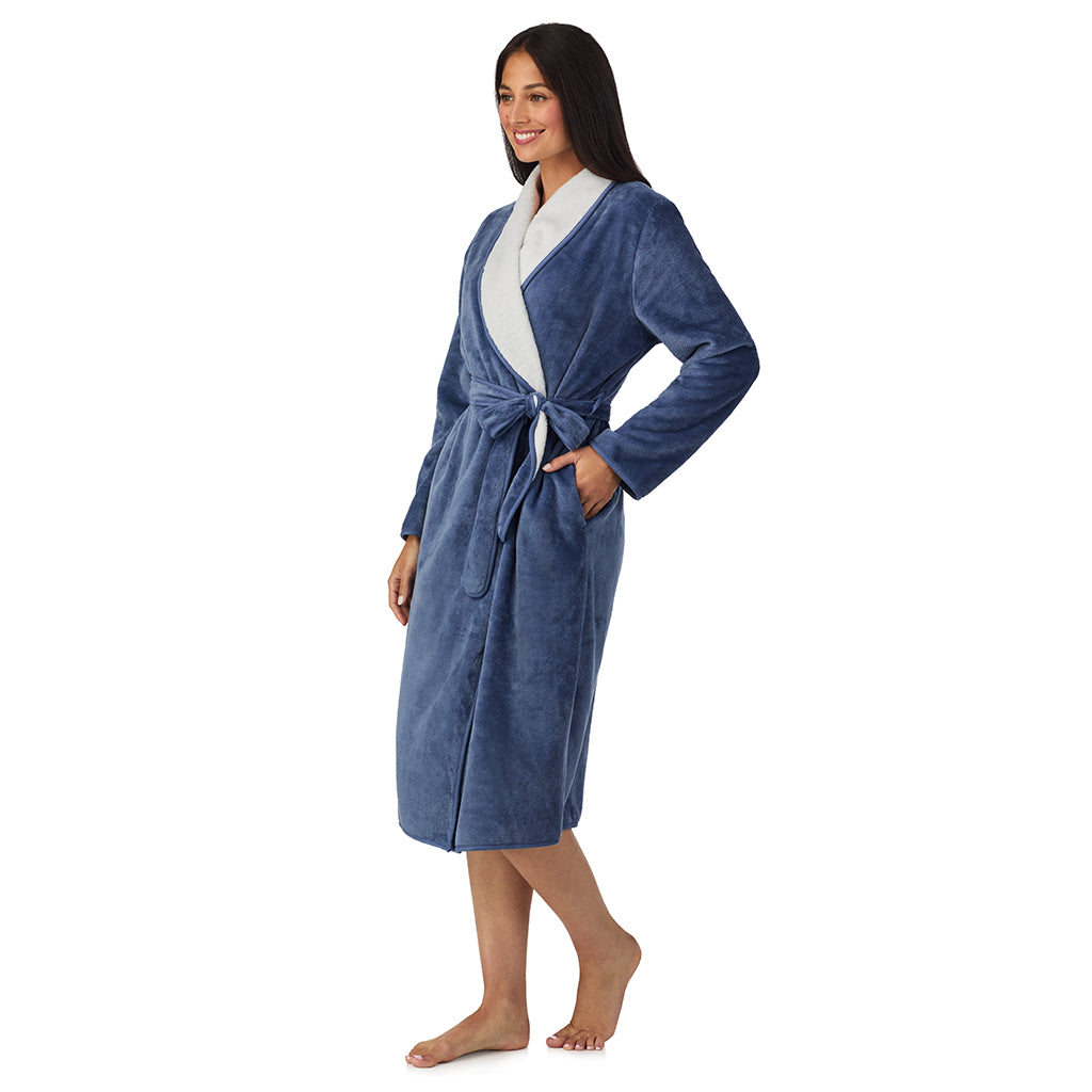 Slate Blue;Model is wearing size S. She is 5'8.5", Bust 32", Waist 25", Hips 36".@A lady wearing Chenille Wrap Robe