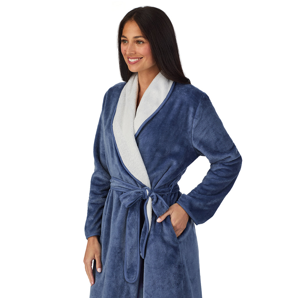 Slate Blue;Model is wearing size S. She is 5'8.5", Bust 32", Waist 25", Hips 36".@A lady wearing Chenille Wrap Robe
