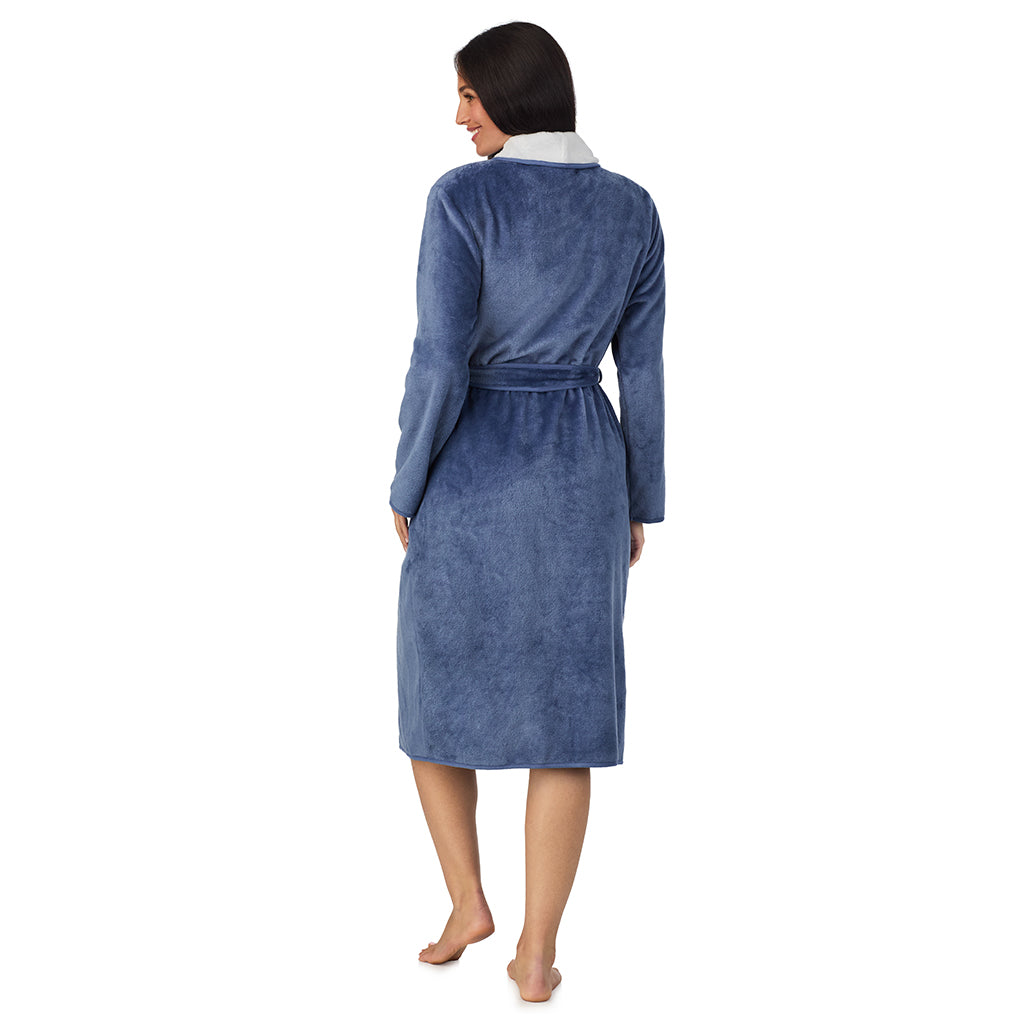 Slate Blue;Model is wearing size S. She is 5'8.5", Bust 32", Waist 25", Hips 36".@A lady wearing Chenille Wrap Robe