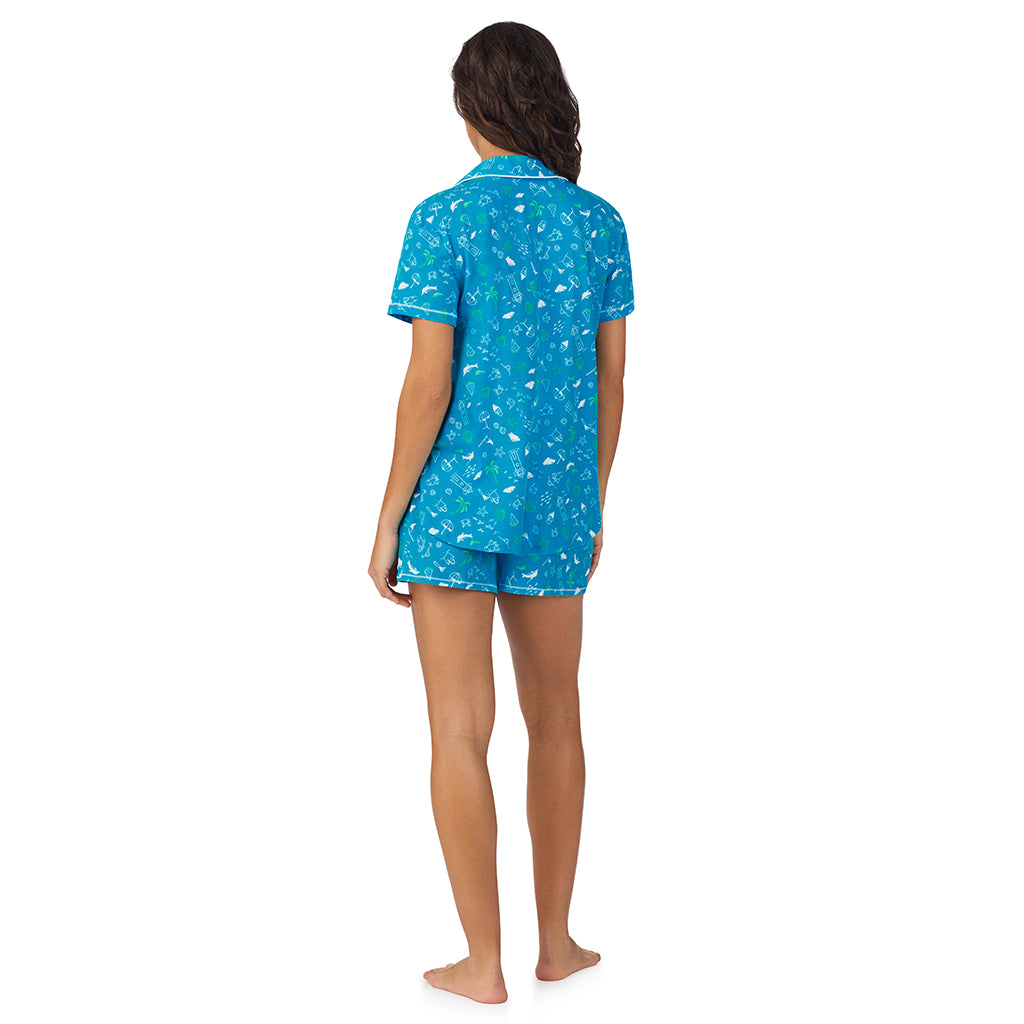 Blue Summer Print;Model is wearing size S. She is 5’9”, Bust 34”, Waist 23”, Hips 35”.@ A lady wearing Cotton-Blend Short Sleeve Notch Collar with Short 2-Pc Pajama Set
