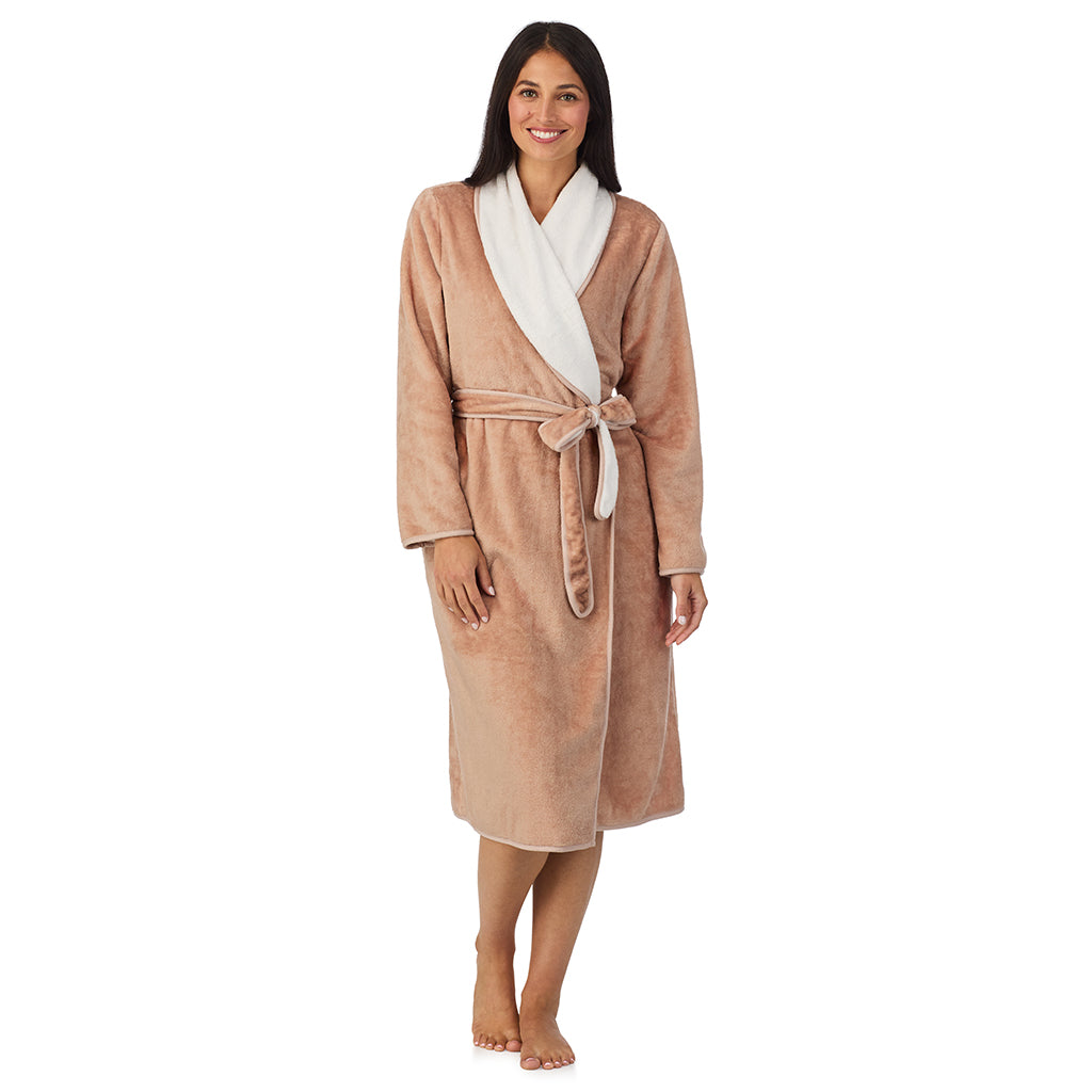 Mocha;Model is wearing size S. She is 5'8.5", Bust 32", Waist 25", Hips 36".@A lady wearing Chenille Wrap Robe