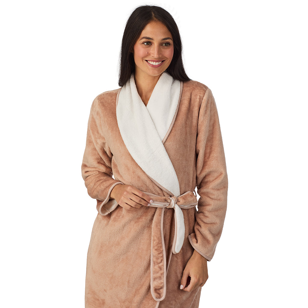 Mocha;Model is wearing size S. She is 5'8.5", Bust 32", Waist 25", Hips 36".@A lady wearing Chenille Wrap Robe