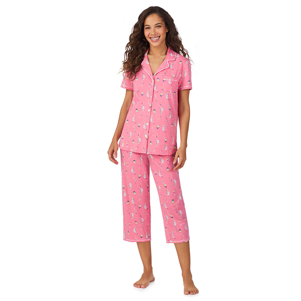 Pink Seahorse;Model is wearing size S. She is 5’9”, Bust 34”, Waist 23”, Hips 35”. @A lady wearing Cotton-Blend Short Sleeve Notch Collar with Cropped Pant Pajama Set