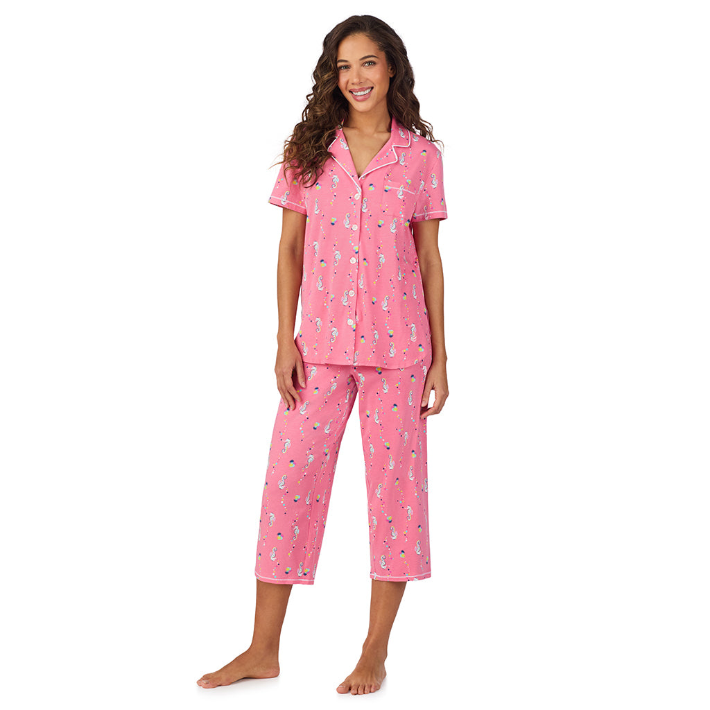 Pink Seahorse;Model is wearing size S. She is 5’9”, Bust 34”, Waist 23”, Hips 35”. @A lady wearing Cotton-Blend Short Sleeve Notch Collar with Cropped Pant Pajama Set